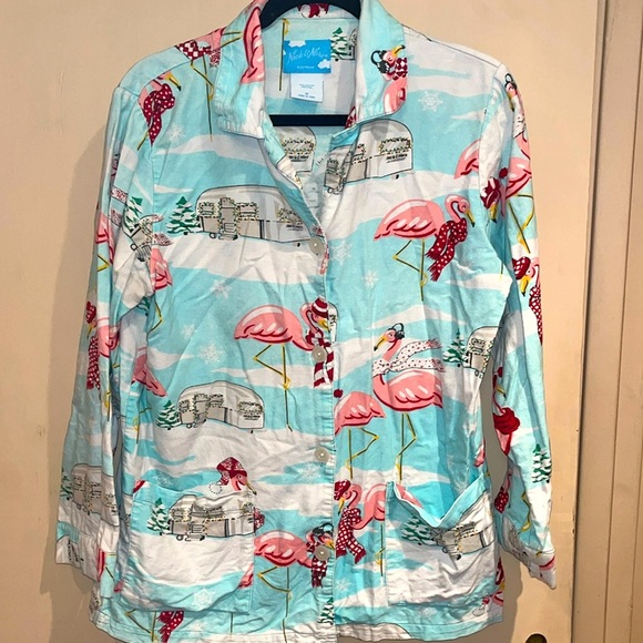 Nick & Nora Christmas trailer flamingo flannel print pajama top only sz medium - Picture 1 of 9